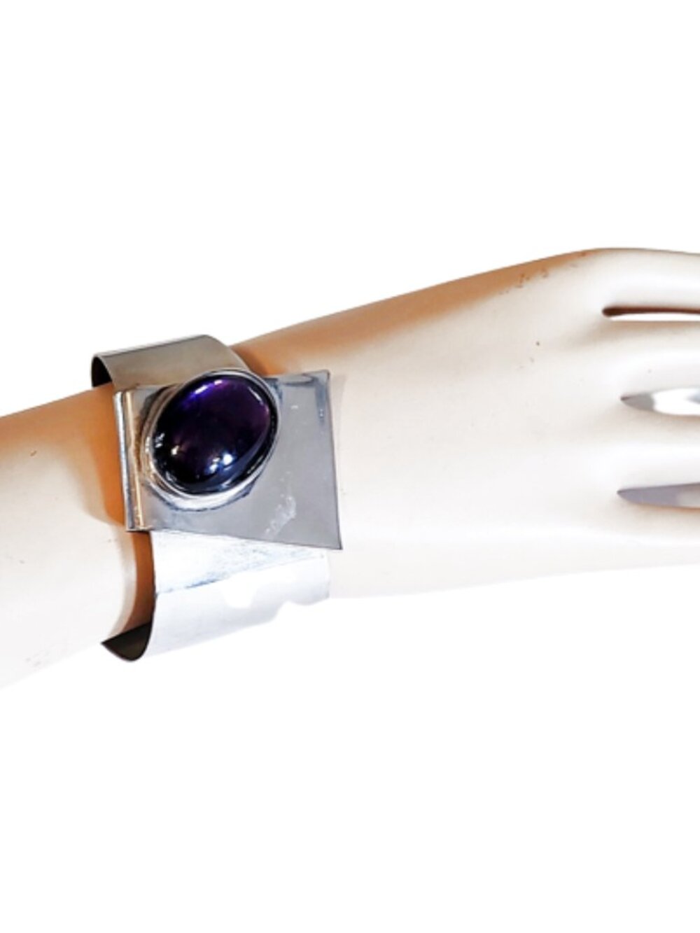 1990s Vintage Large Geometric Chrome Cuff Bracelet With A Purple Glass Stone - Picture 2 of 9
